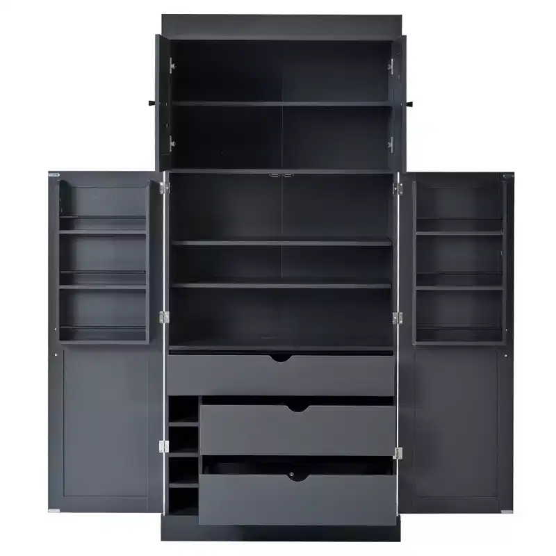 Garde-manger de cuisine autoportant 77H, armoire de rangement de style ferme avec étagères réglables, étagères de porte, tiroirs et casiers à vin - ModernLuxe