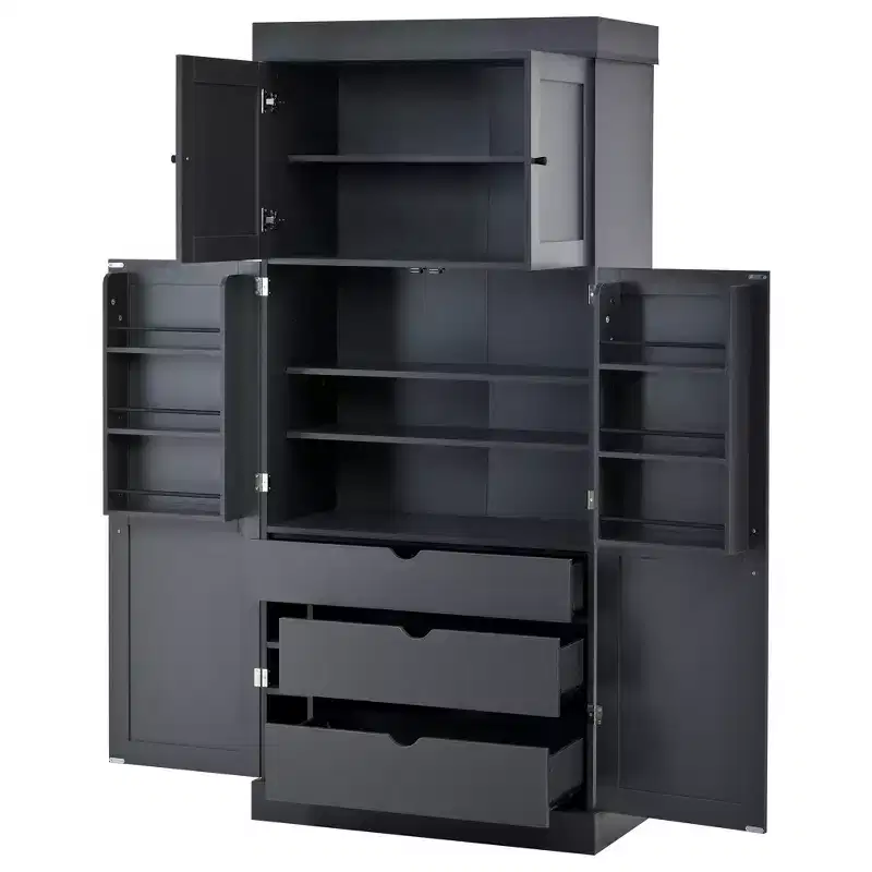 Garde-manger de cuisine autoportant 77H, armoire de rangement de style ferme avec étagères réglables, étagères de porte, tiroirs et casiers à vin - ModernLuxe