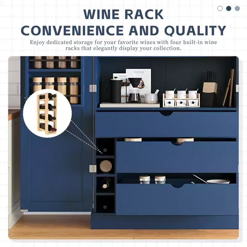 Garde-manger de cuisine autoportant 77H, armoire de rangement de style ferme avec étagères réglables, étagères de porte, tiroirs et casiers à vin - ModernLuxe