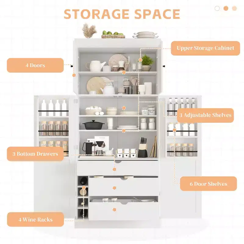 Garde-manger de cuisine autoportant 77H, armoire de rangement de style ferme avec étagères réglables, étagères de porte, tiroirs et casiers à vin - ModernLuxe