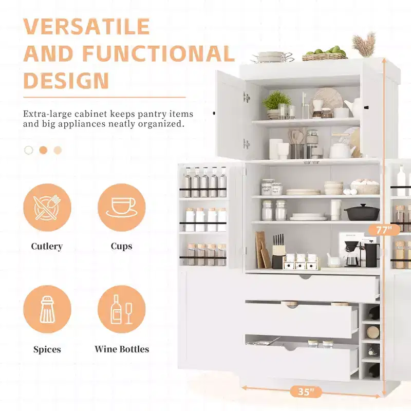 Garde-manger de cuisine autoportant 77H, armoire de rangement de style ferme avec étagères réglables, étagères de porte, tiroirs et casiers à vin - ModernLuxe