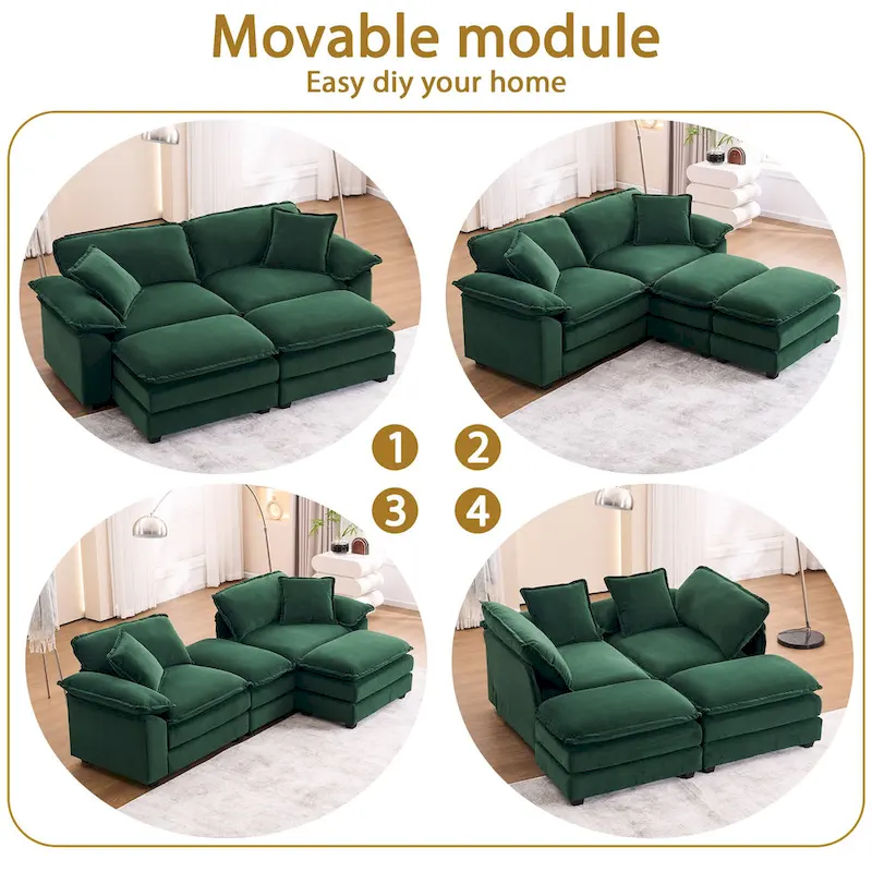 Canapé 2 places avec 2 coussins de siège, 2 oreillers et 2 poufs, canapé confortable - Canapé profond de salon, canapé modulable