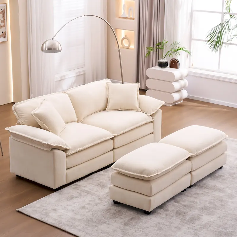 Canapé 2 places avec 2 coussins de siège, 2 oreillers et 2 poufs, canapé confortable - Canapé profond de salon, canapé modulable