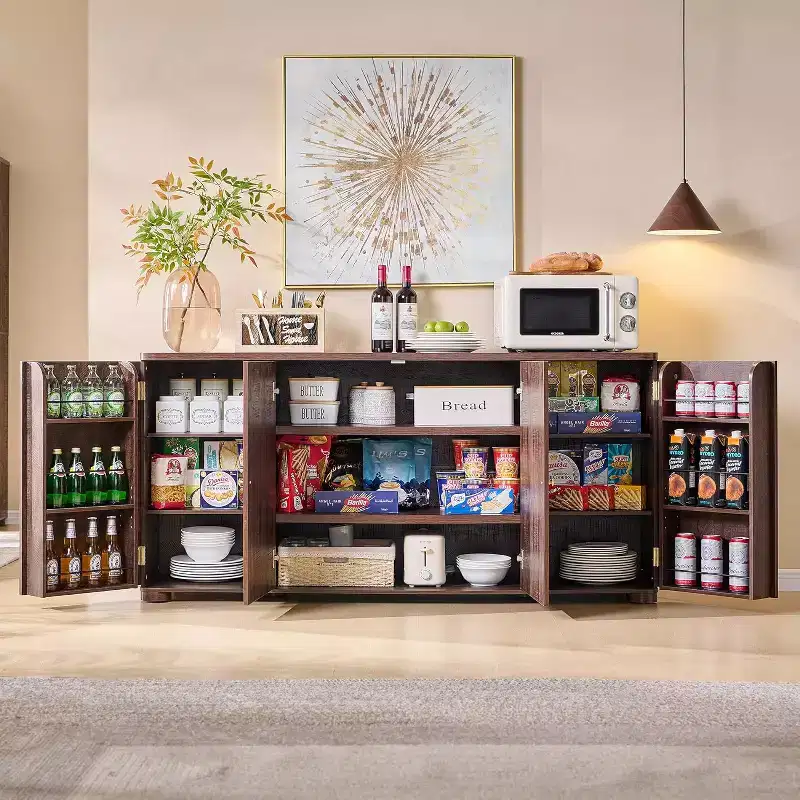 Buffet de cuisine avec 4 portes et étagères, grand buffet de rangement moderne, buffet de rangement de 66 po pour bar à café