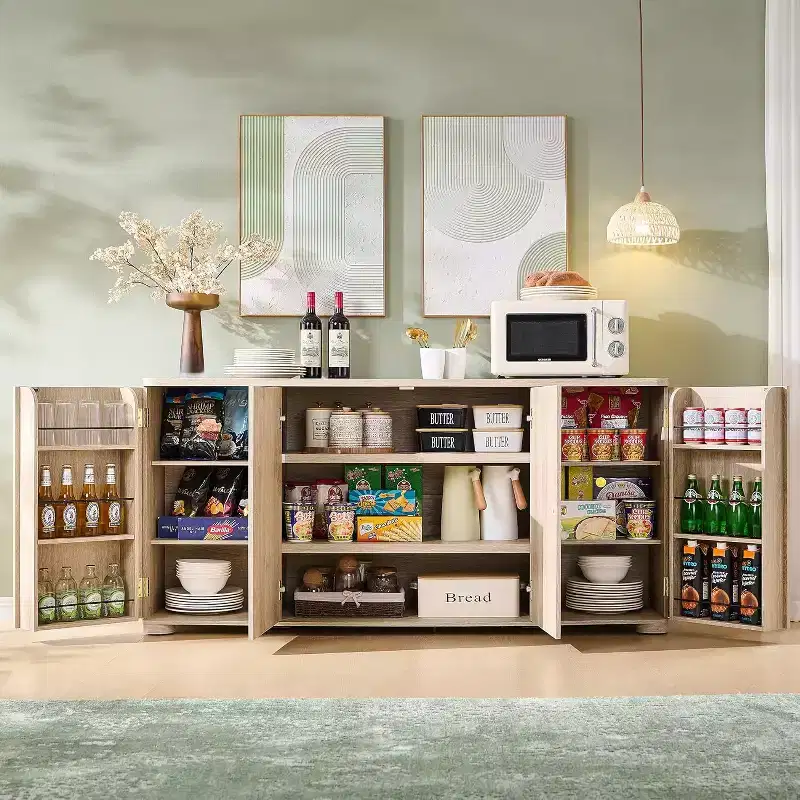 Buffet de cuisine avec 4 portes et étagères, grand buffet de rangement moderne, buffet de rangement de 66 po pour bar à café