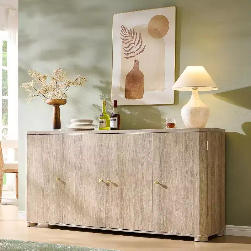 Buffet de cuisine avec 4 portes et étagères, grand buffet de rangement moderne, buffet de rangement de 66 po pour bar à café