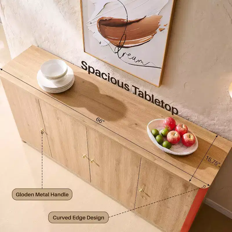 Buffet de cuisine avec 4 portes et étagères, grand buffet de rangement moderne, buffet de rangement de 66 po pour bar à café