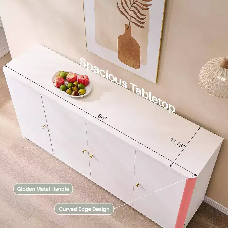 Buffet de cuisine avec 4 portes et étagères, grand buffet de rangement moderne, buffet de rangement de 66 po pour bar à café