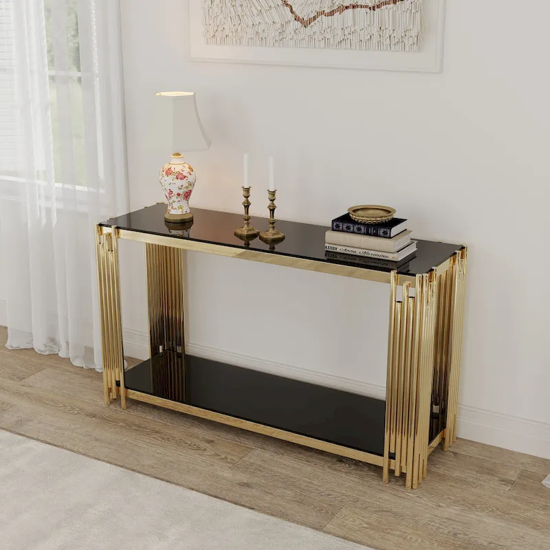 Console étroite à 2 niveaux avec structure en métal doré et plateau en verre trempé