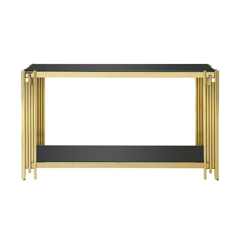 Console étroite à 2 niveaux avec structure en métal doré et plateau en verre trempé