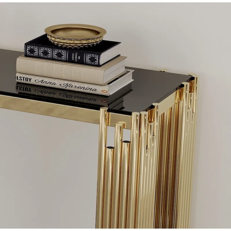 Console étroite à 2 niveaux avec structure en métal doré et plateau en verre trempé