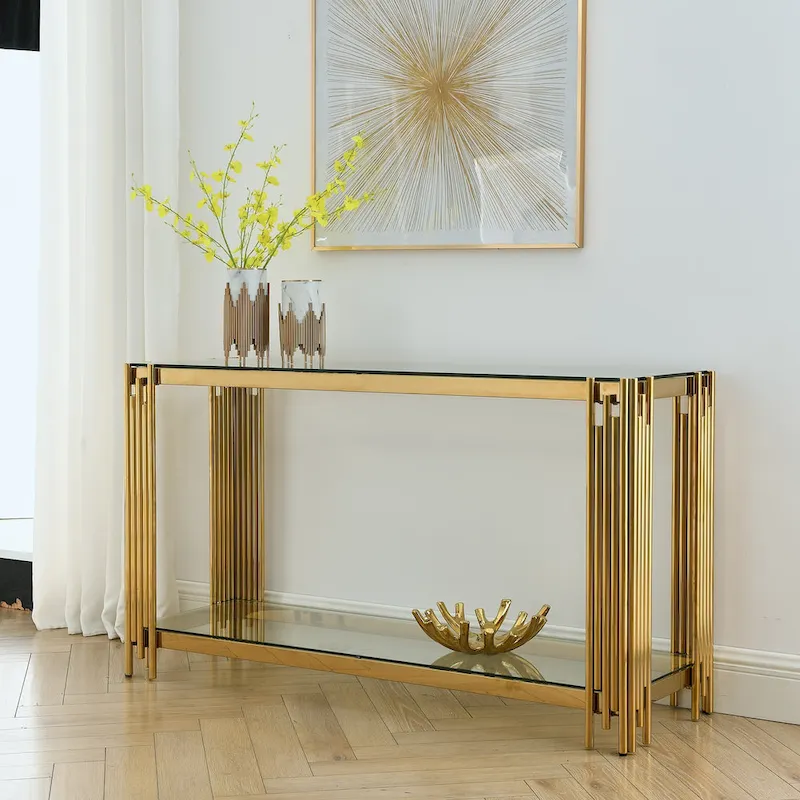 Console étroite à 2 niveaux avec structure en métal doré et plateau en verre trempé