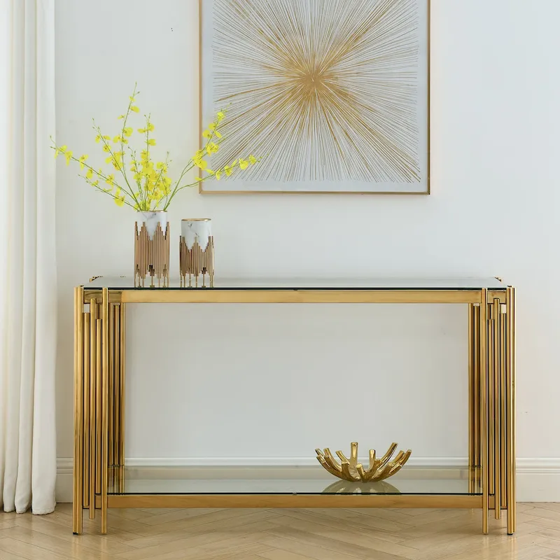 Console étroite à 2 niveaux avec structure en métal doré et plateau en verre trempé