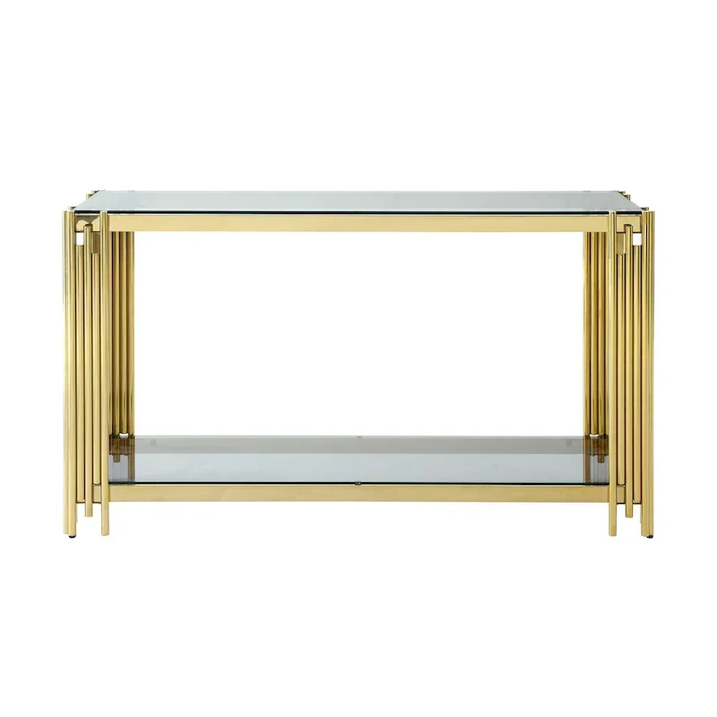 Console étroite à 2 niveaux avec structure en métal doré et plateau en verre trempé