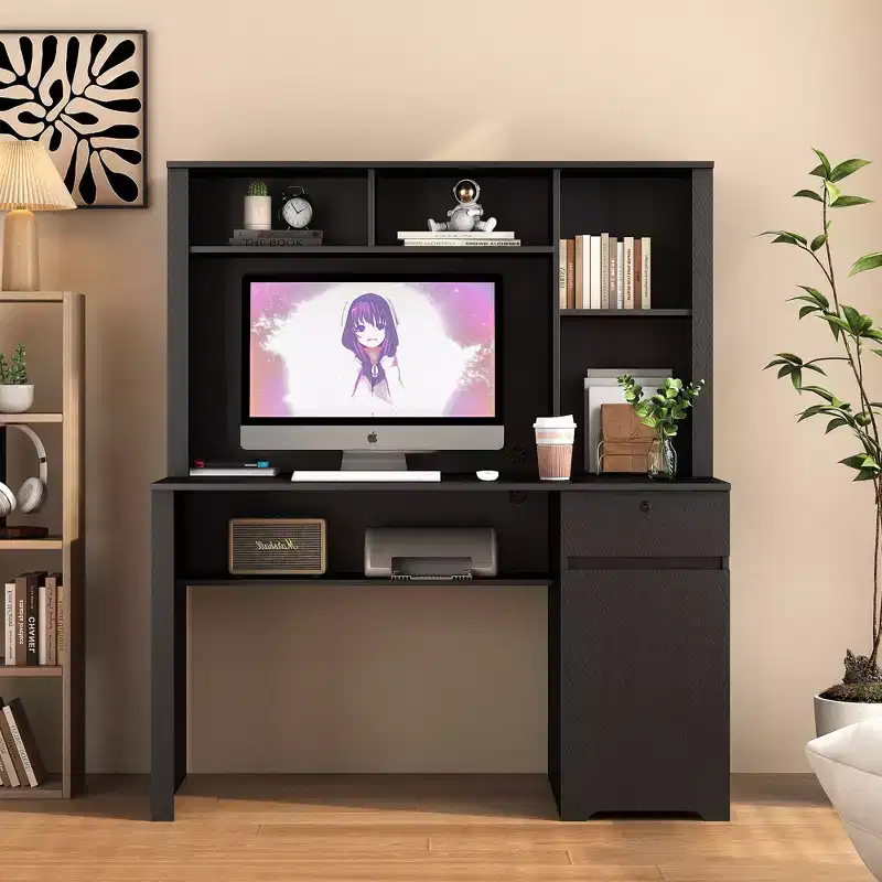 Bureau informatique moderne de 130 cm avec huche et étagère, bureau avec grand rangement, bureau d'écriture pour l'étude, salle de lecture