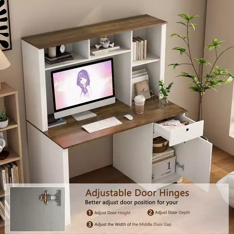 Bureau informatique moderne de 130 cm avec huche et étagère, bureau avec grand rangement, bureau d'écriture pour l'étude, salle de lecture