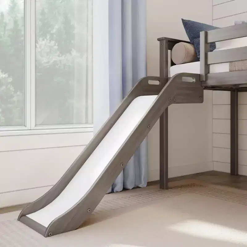 Lit bas mezzanine simple pour enfants avec toboggan et escalier, bois massif, 14 barrières de sécurité, capacité de 180 kg