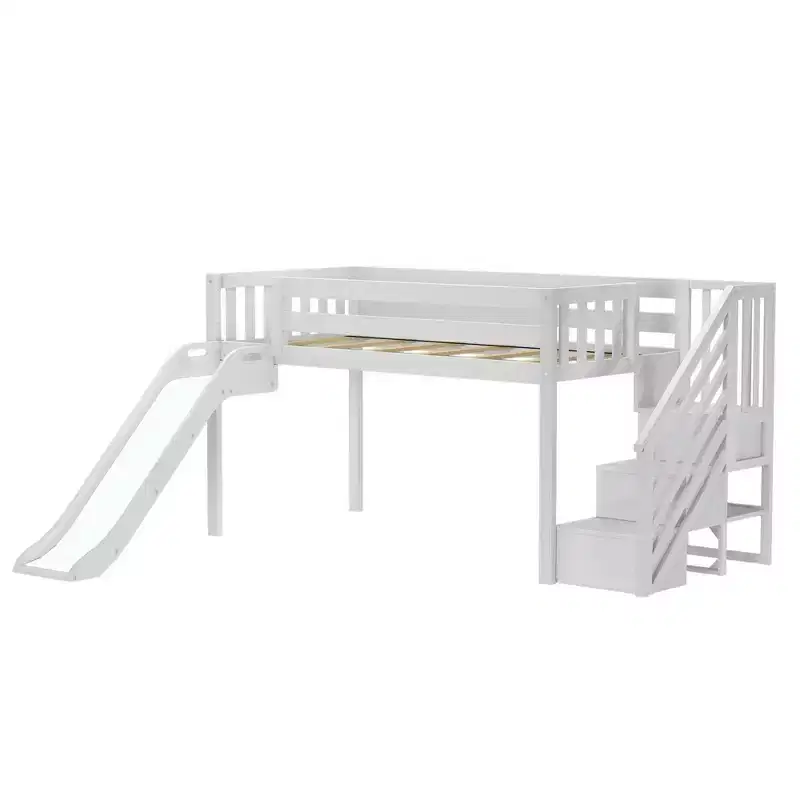 Lit bas mezzanine simple pour enfants avec toboggan et escalier, bois massif, 14 barrières de sécurité, capacité de 180 kg