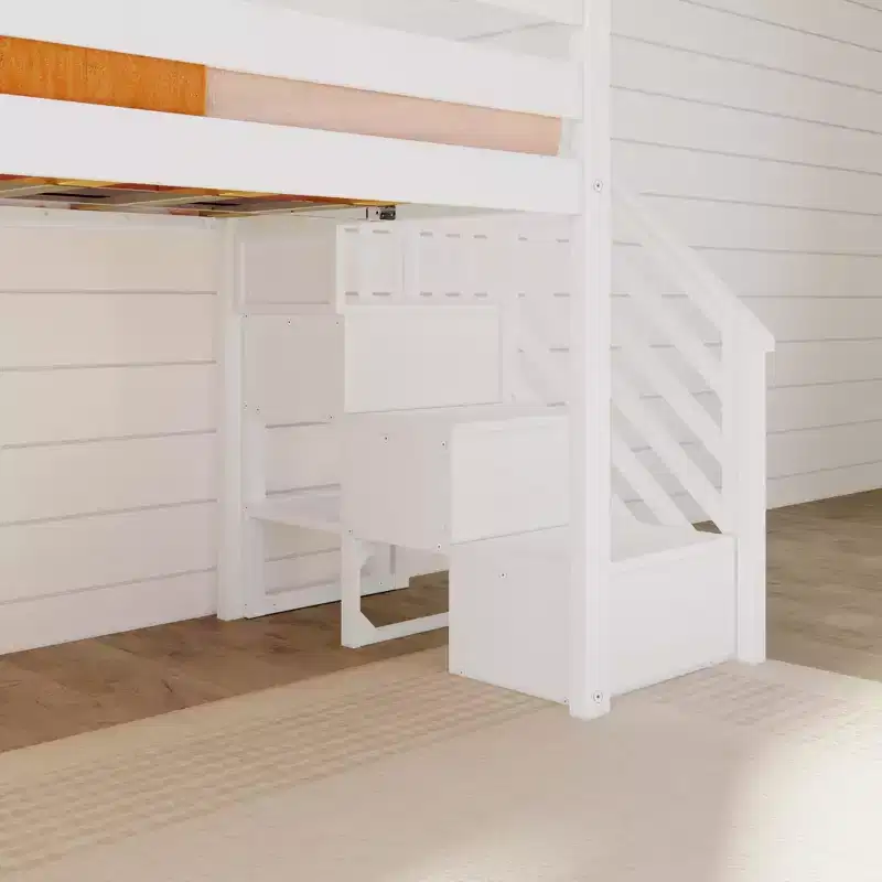 Lit bas mezzanine simple pour enfants avec toboggan et escalier, bois massif, 14 barrières de sécurité, capacité de 180 kg