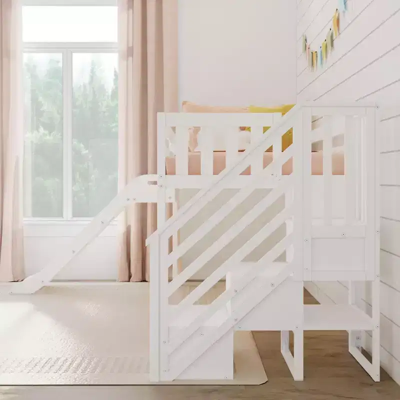 Lit bas mezzanine simple pour enfants avec toboggan et escalier, bois massif, 14 barrières de sécurité, capacité de 180 kg