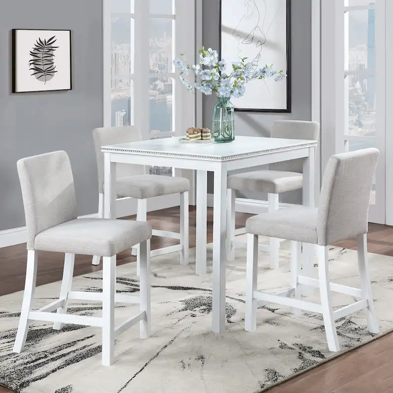 Ensemble de salle à manger moderne 5 pièces avec table carrée hauteur comptoir et 4 chaises rembourrées