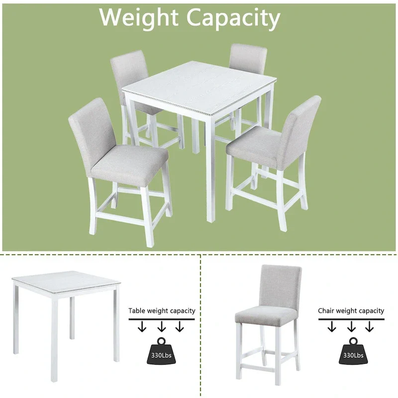 Ensemble de salle à manger moderne 5 pièces avec table carrée hauteur comptoir et 4 chaises rembourrées