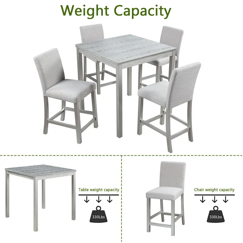 Ensemble de salle à manger moderne 5 pièces avec table carrée hauteur comptoir et 4 chaises rembourrées