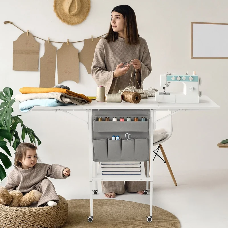 Table artisanale réglable en hauteur avec étagères de rangement, table de coupe pliante mobile pour bureau à domicile, salle de couture, salle d'artisanat