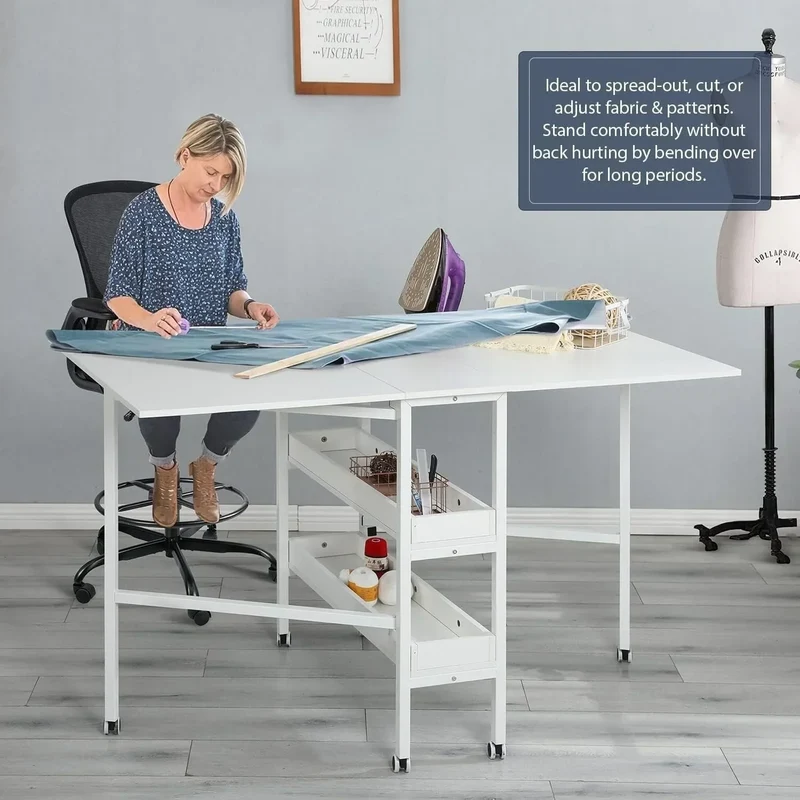 Table artisanale réglable en hauteur avec étagères de rangement, table de coupe pliante mobile pour bureau à domicile, salle de couture, salle d'artisanat