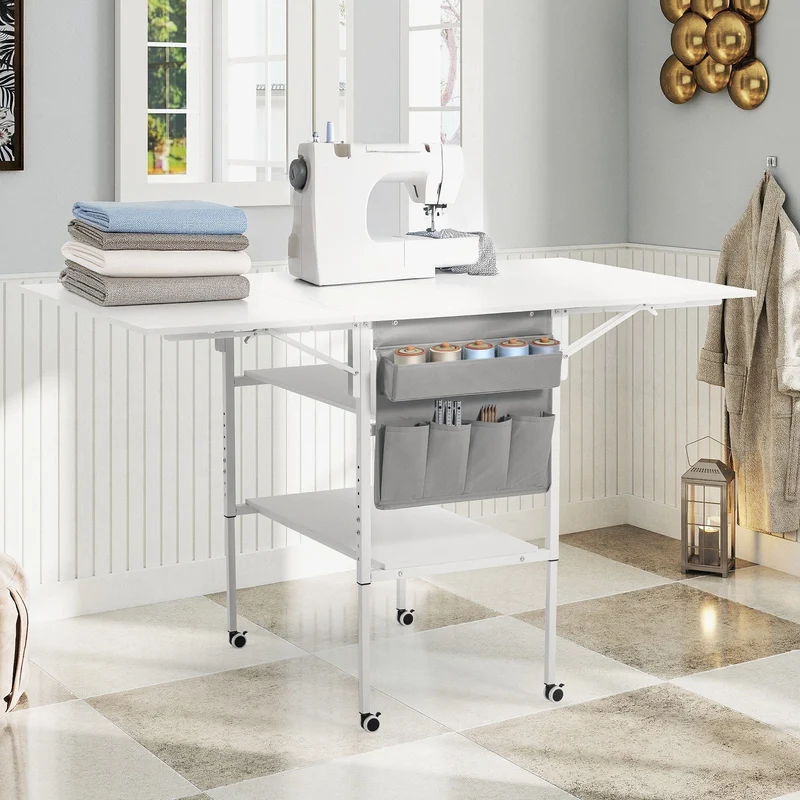 Table artisanale réglable en hauteur avec étagères de rangement, table de coupe pliante mobile pour bureau à domicile, salle de couture, salle d'artisanat
