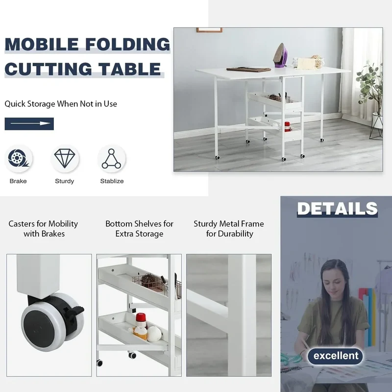 Table artisanale réglable en hauteur avec étagères de rangement, table de coupe pliante mobile pour bureau à domicile, salle de couture, salle d'artisanat