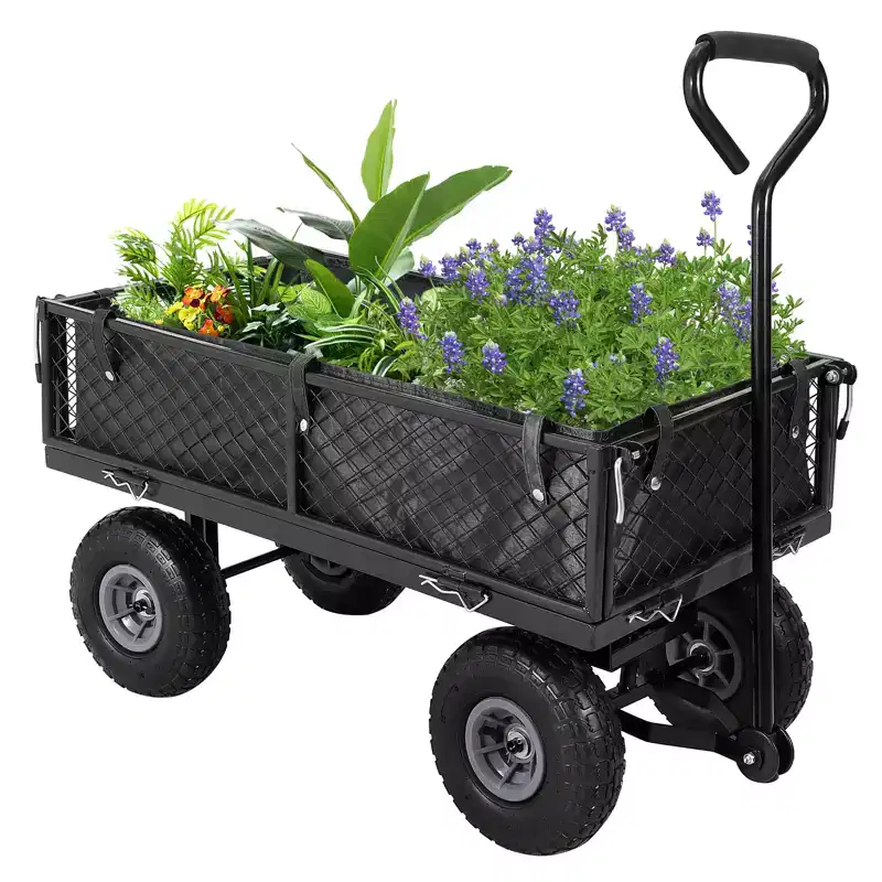 Chariot de jardin robuste en acier, 227 kg, chariot utilitaire pliant avec côtés et doublure en maille amovibles, pneus pneumatiques de 25,4 cm, poignée de traction