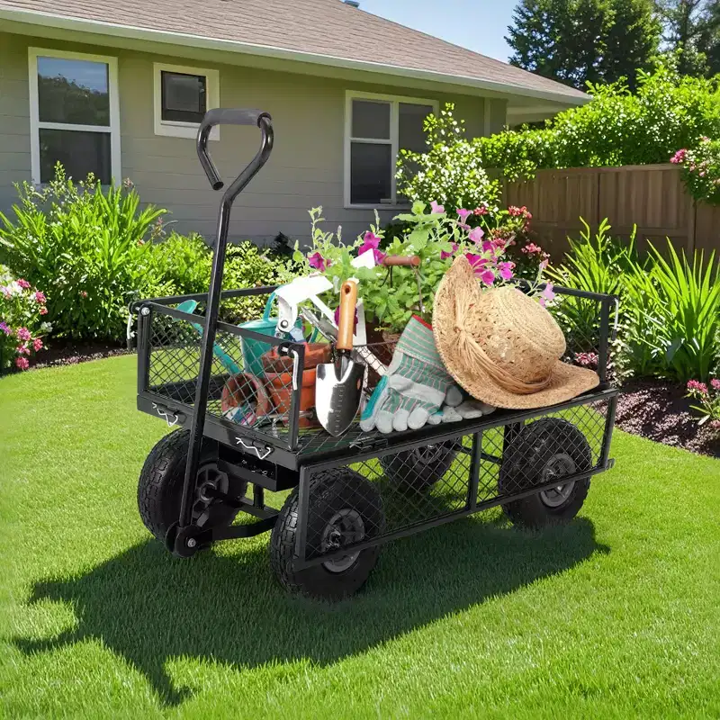 Chariot de jardin robuste en acier, 227 kg, chariot utilitaire pliant avec côtés et doublure en maille amovibles, pneus pneumatiques de 25,4 cm, poignée de traction