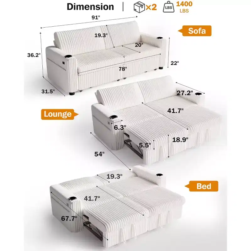 Canapé-lit d'angle Dyonery 91 avec lit gigogne, dossier inclinable/deux lits gigognes/ports USB/porte-gobelets, velours côtelé moelleux