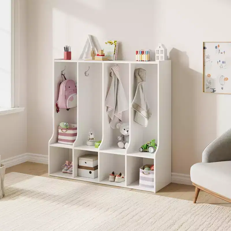 Casier à 4 compartiments marron/blanc avec 8 crochets, pour enfants