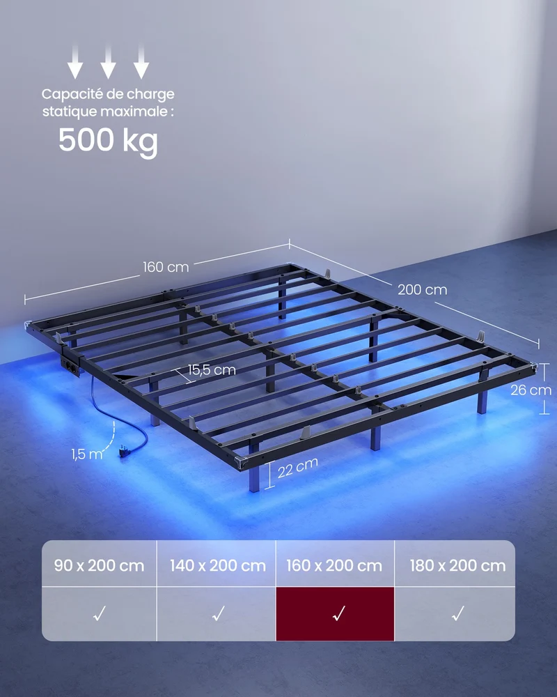 Lit flottant moderne avec station de charge 200 x 160 x 26 cm ambiance cosy en acier noir d'encre 12_0012345