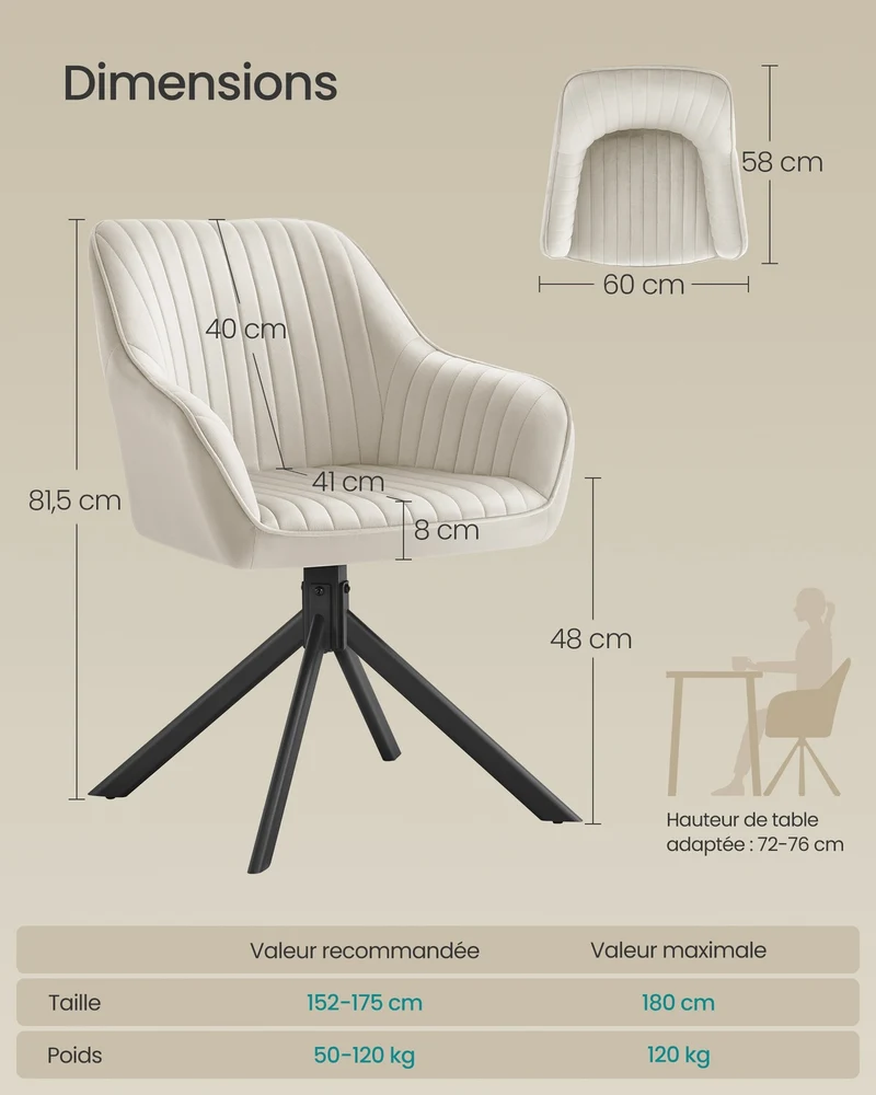 Chaise de salle à manger pivotante rembourrée confort 58 x 60 x 81,5 cm en velours marron caramel 12_0012205