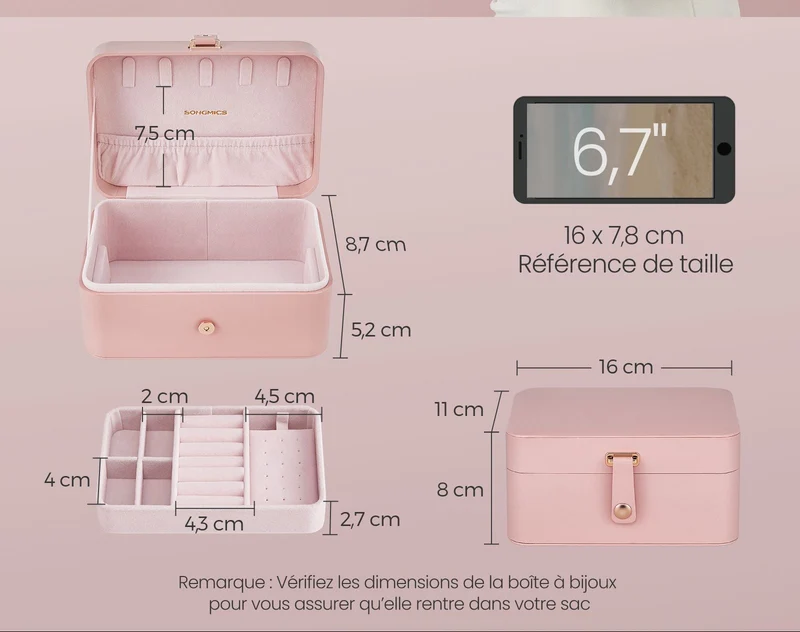 Boîte à bijoux de voyage portable 11 x 16 x 8 cm 2 niveaux rangement pratique design épuré en plastique rose bonbon 12_0011919