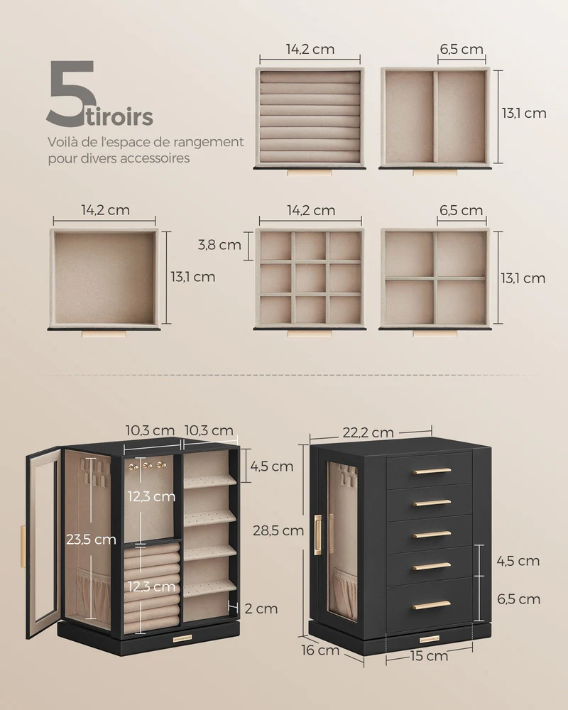 Boîte à bijoux avec 5 tiroirs rangement design ouvert 16 x 22,2 x 28,5 cm en MDF noir graphite 12_0011446