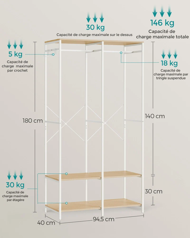 Armoire de rangement portable avec étagères et tringle 40 x 94,5 x 180 cm style moderne en aggloméré beige 12_0011401