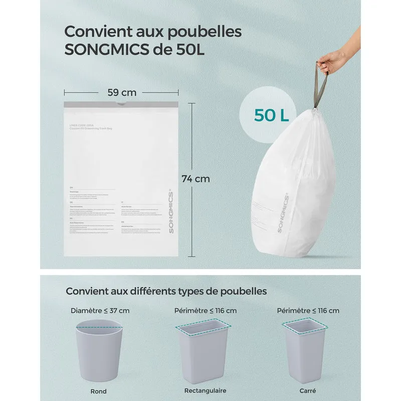 Lot de 80 sacs poubelle avec cordon de serrage 59 x 74 cm capacité 50L usage cuisine en plastique blanc 12_0010956