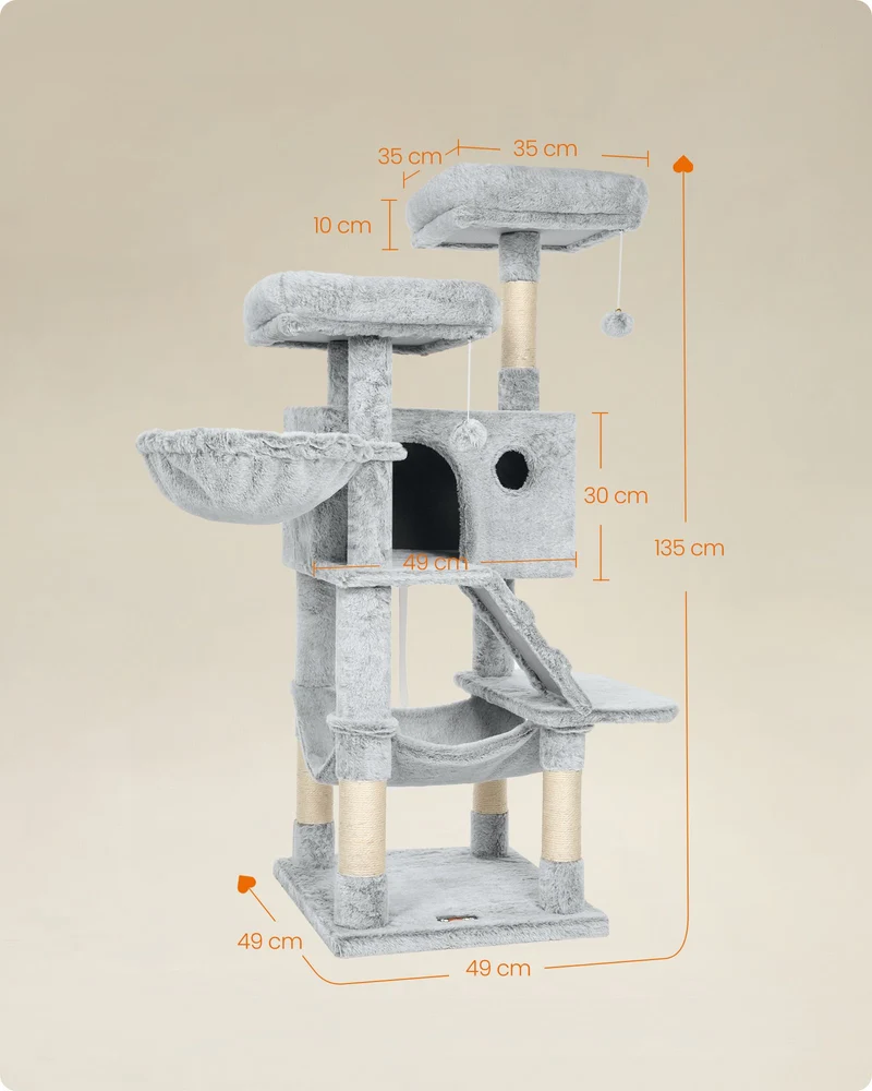 Arbre à chat tour de jeux grand avec niche et hamac 49 x 49 x 135 cm en panneau d'aggloméré gris bleuâtre 12_0010300