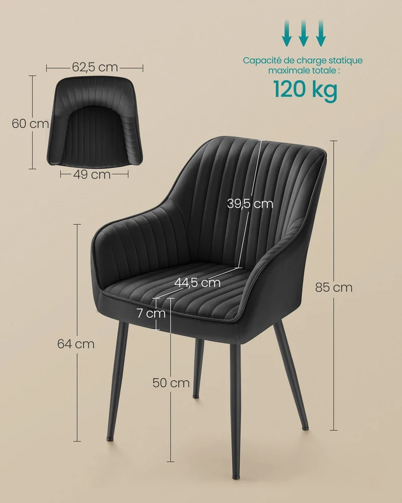 Chaise de salle à manger rembourrée avec accoudoirs 60 x 62,5 x 85 cm assise confortable style contemporain en velours noir 12_0009562