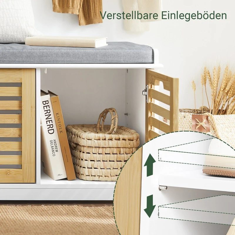 SoBuy | Schuhbank mit Sitzfläche | Sitzkommode mit 2 Türen | Schuhtruhe | Weiß-Natur | FSR23-II-WN