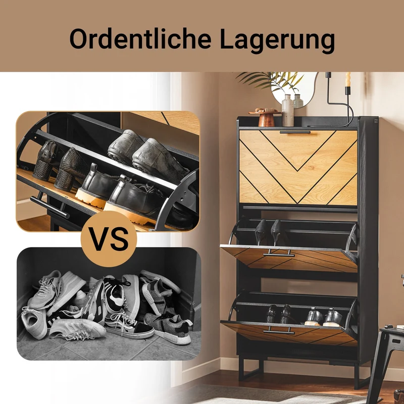 SoBuy | Schuhkipper mit 3 Klappen | Schuhschrank schmal | Schwarz-Braun | 62x125x24cm | FSR164-SCH