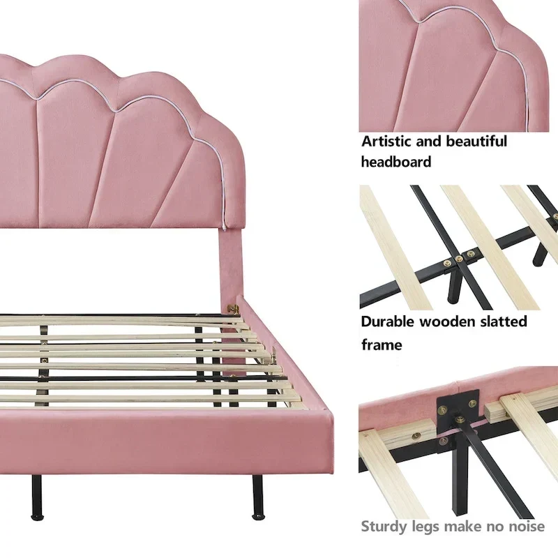 Ensembles de chambre à coucher 2 pièces – Lit plateforme double avec LED et pouf de rangement