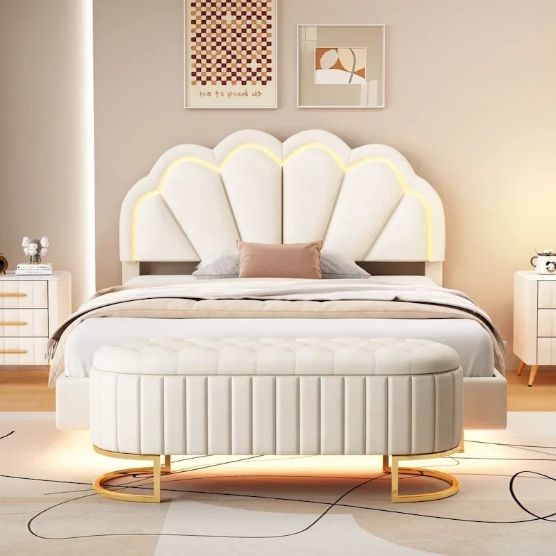 Ensembles de chambre à coucher 2 pièces – Lit plateforme double avec LED et pouf de rangement