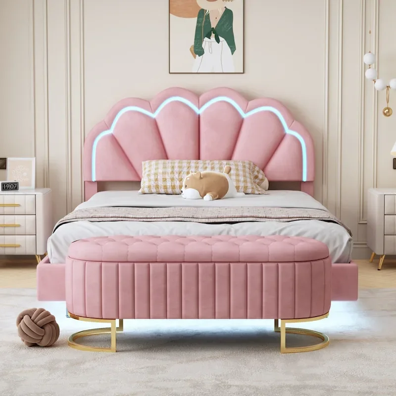 Ensembles de chambre à coucher 2 pièces – Lit plateforme double avec LED et pouf de rangement