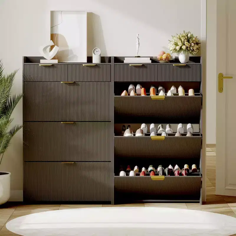 Meuble à chaussures moderne blanc avec 3 tiroirs basculants et 2 petits tiroirs et crochet, organiseur de rangement à chaussures fin cannelé, meuble d'entrée étroit