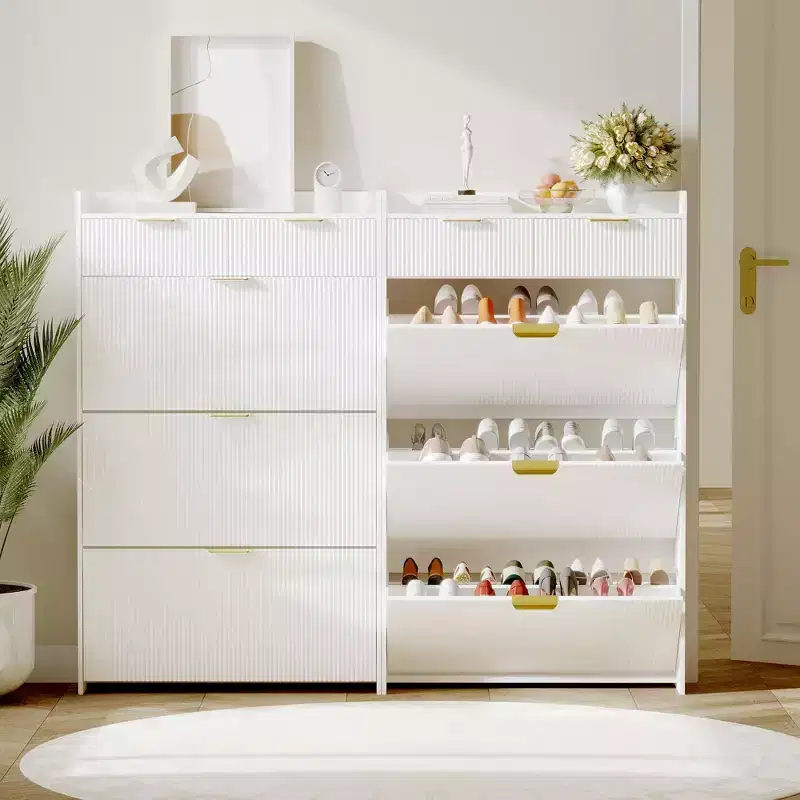 Meuble à chaussures moderne blanc avec 3 tiroirs basculants et 2 petits tiroirs et crochet, organiseur de rangement à chaussures fin cannelé, meuble d'entrée étroit